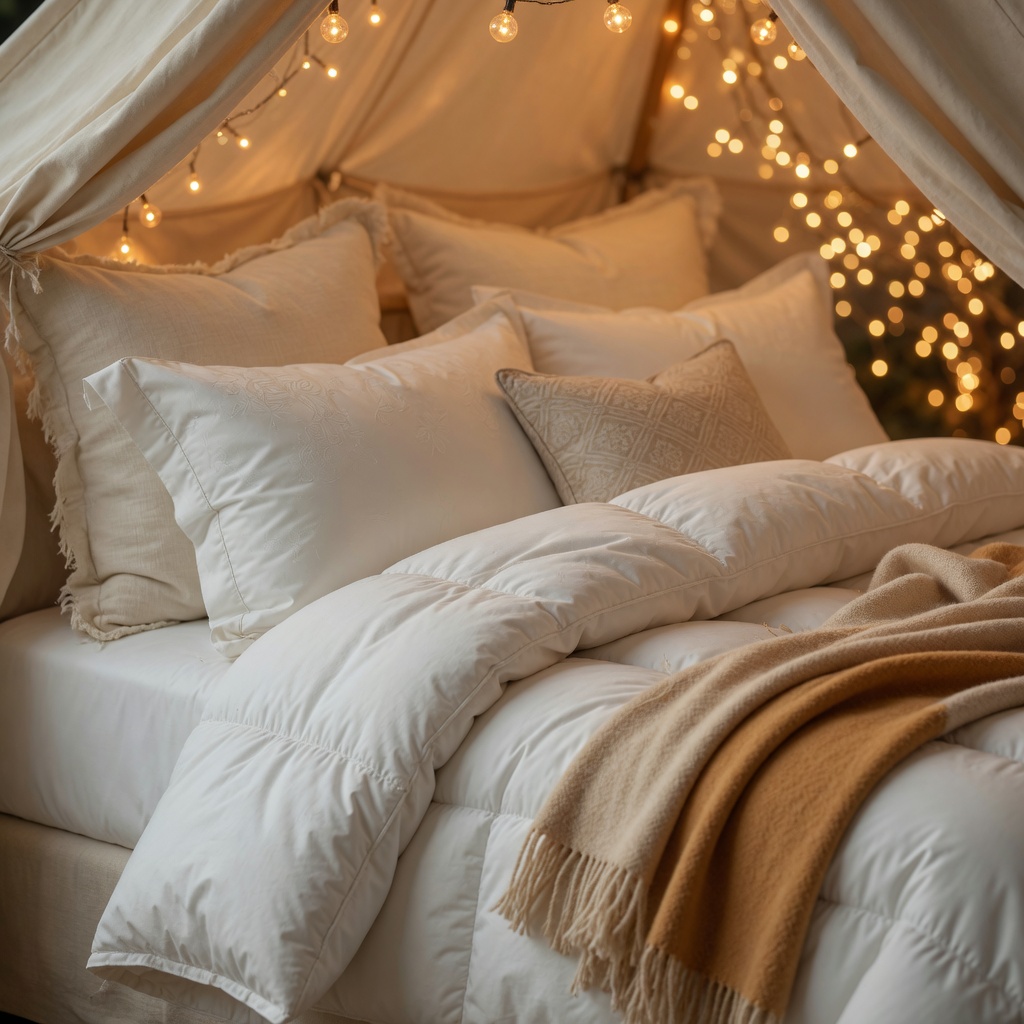 Memory foam glamping bedding and hotel-style pillows detail