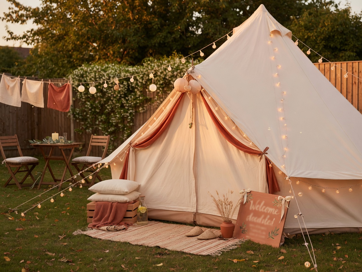 Celebration backyard glamping bell tent with string lights in Central New Jersey