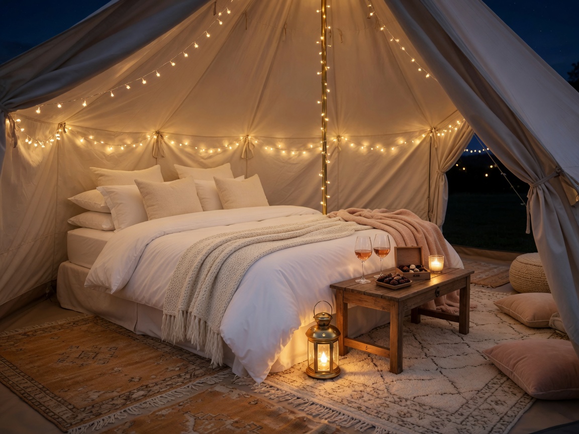 Backyard glamping date night tent with queen bed and soft lighting in Central New Jersey