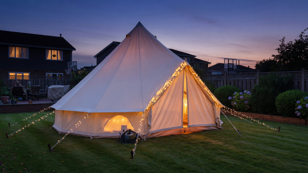 Glamping tent glowing at dusk with string lights in a New Jersey backyard