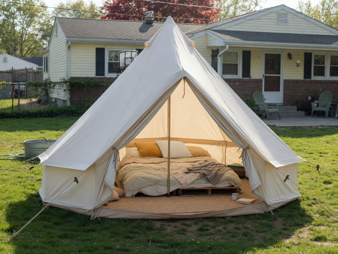 Morning backyard glamping tent with open entrance on a sunny lawn