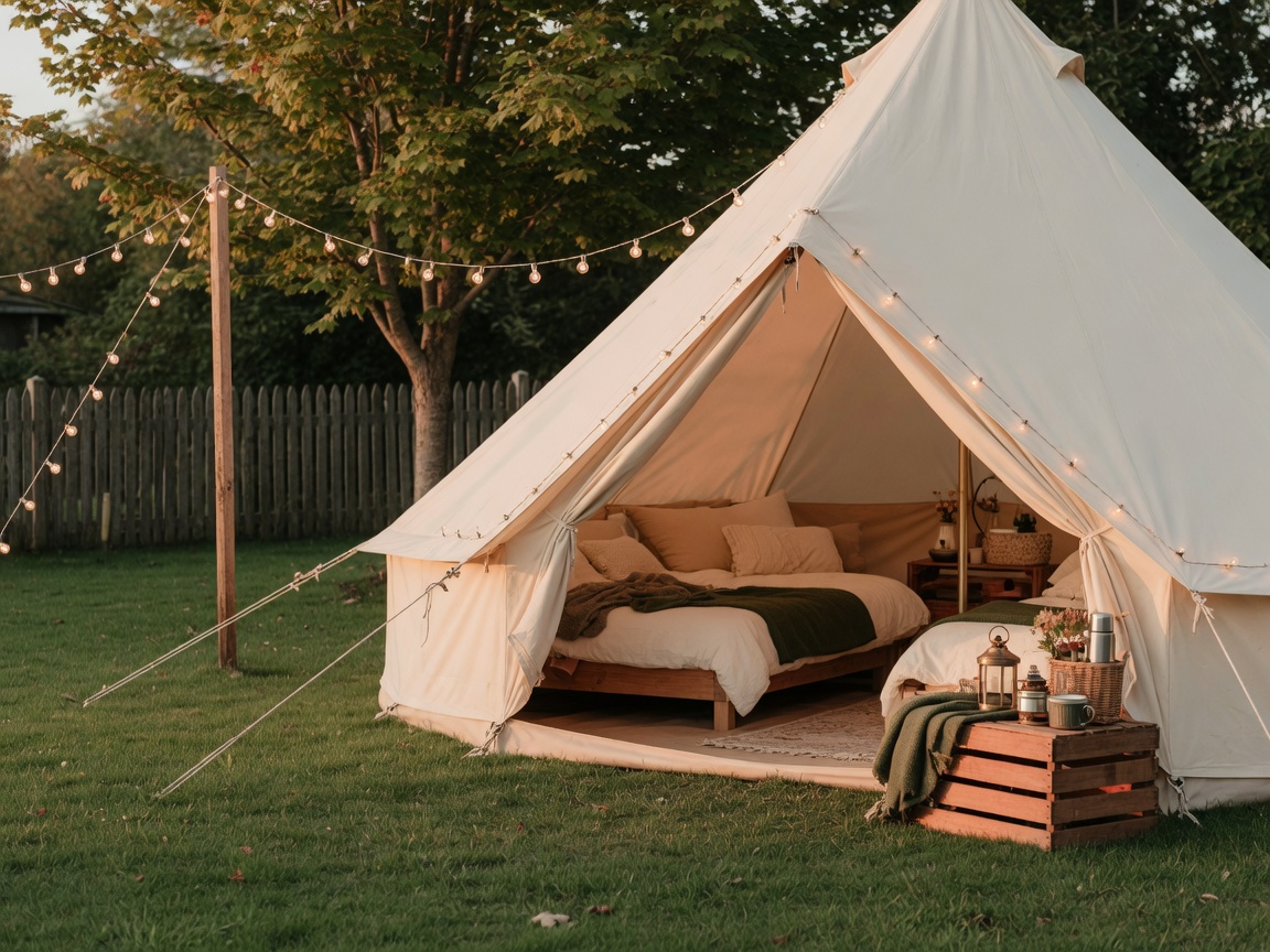 Family backyard glamping staycation tent on a lawn in Central New Jersey