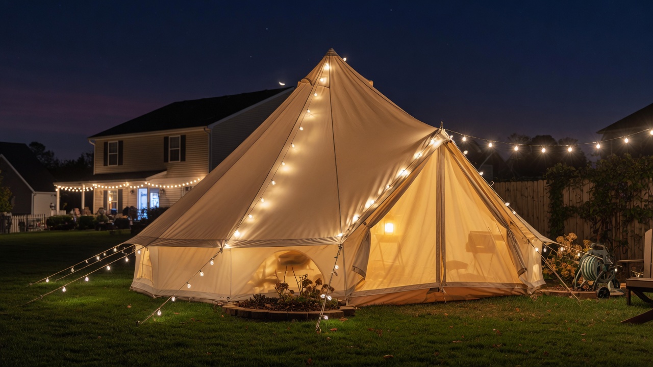 Backyard glamping bell tent with string lights at night in New Jersey