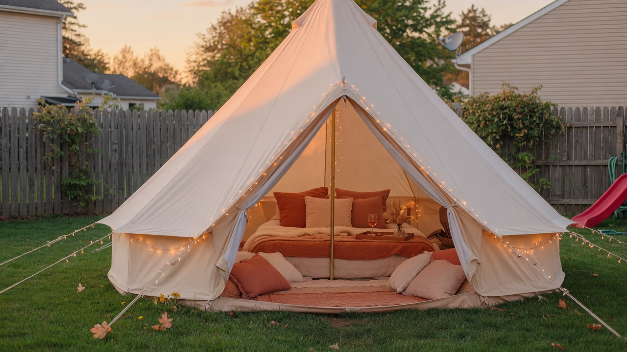 Luxury backyard glamping bell tent in a Central New Jersey yard at golden hour
