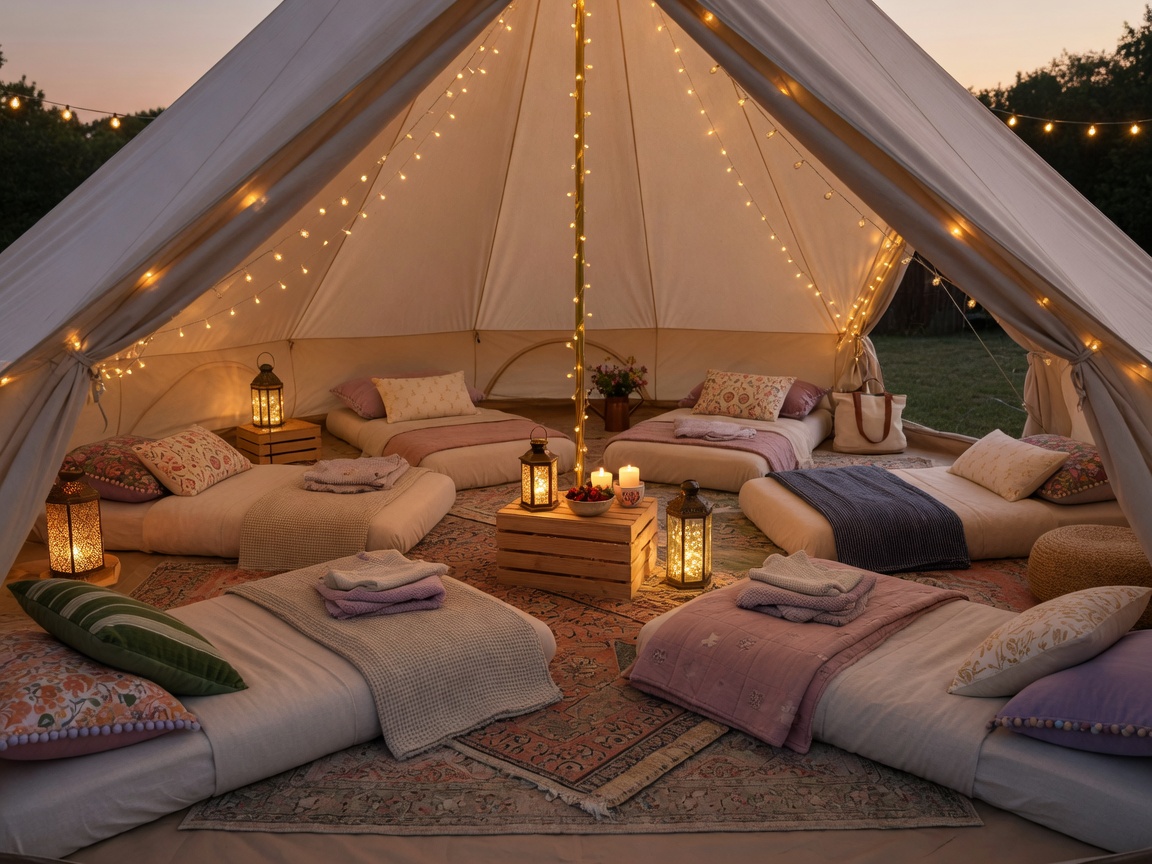 Kids birthday backyard glamping sleepover tent setup in Central New Jersey