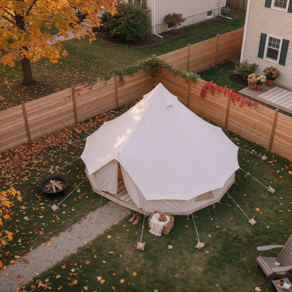 Overhead view of a fully furnished backyard glamping tent